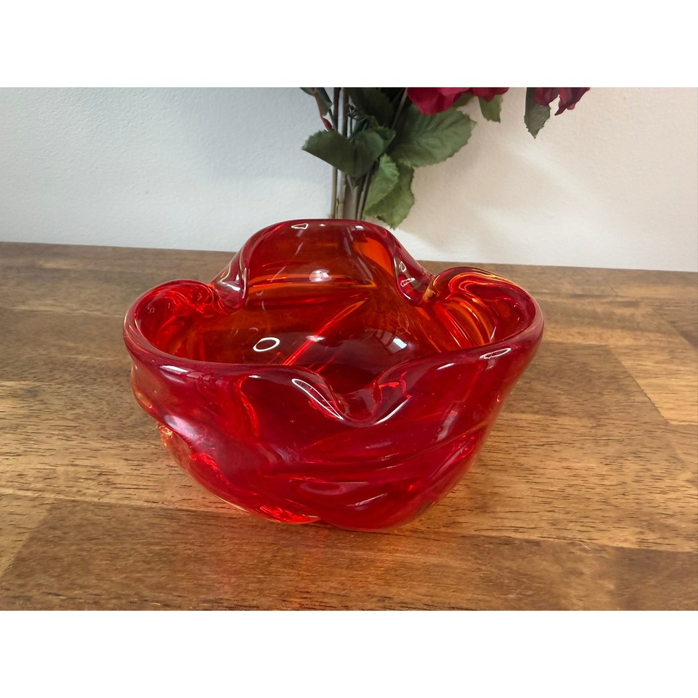 Vintage Ruby Red Freeform Art Glass Bowl Heavy Mid Century Modern Centerpiece